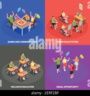 Colorful isometric 2x2 icons set with people at school with inclusive education 3d isolated vector illustration Stock Vector