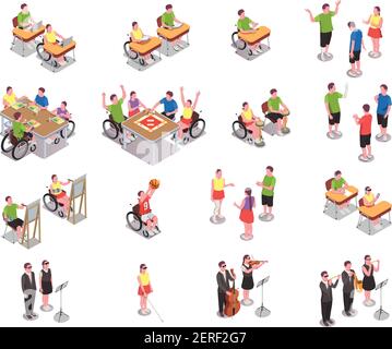 Inclusive education isometric icons set with disabled people in different situations at school isolated on white background 3d vector illustration Stock Vector