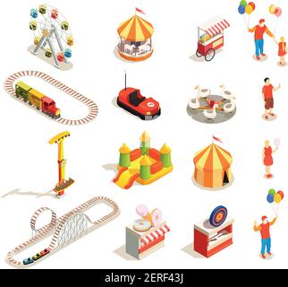 Amusement park attractions and visitors isometric icons set isolated on white background 3d vector illustration Stock Vector