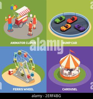 Colorful isometric 2x2 design concept with clowns carousel bump cards ferris wheel in amusement park 3d isolated vector illustration Stock Vector