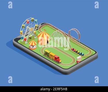 Isometric composition with different attractions in amusement park on blue background 3d vector illustration Stock Vector