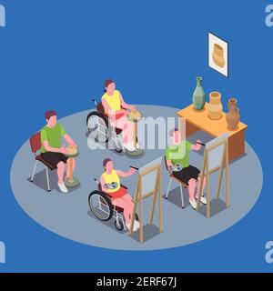Inclusive education composition with people in wheelchairs having art lesson 3d vector illustration Stock Vector