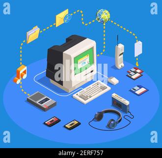 Retro devices isometric composition with personal computer camera player phone recorder on blue background 3d vector illustration Stock Vector