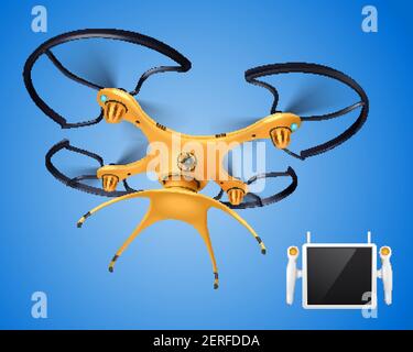Yellow drone with remote control realistic composition electronic object for different needs blogger company government or players vector illustration Stock Vector