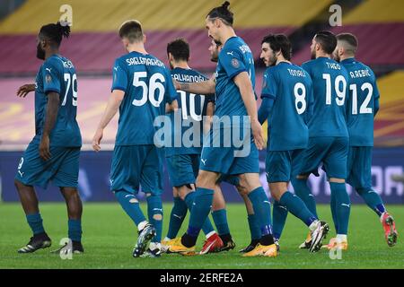 Rome, Italy. 28th Feb, 2021. AC Milan team during the Serie A soccer match between AS Roma and AC Milan at Stadio Olimpico on February 28, 2021 in Rome, Italy. (Photo by Roberto Ramaccia/INA Photo Agency) Credit: Sipa USA/Alamy Live News Stock Photo