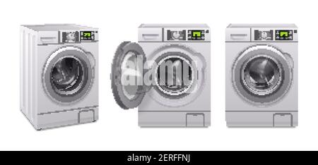 Washing machine realistic icon set three product of household appliances in different position vector illustration Stock Vector
