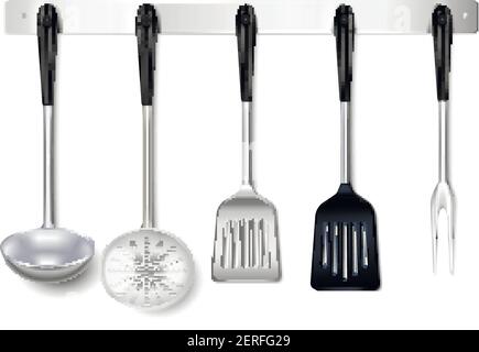 Kitchen tools utensils metal hanging rack closeup realistic image with ladle spatula skimmer cooking fork vector illustration Stock Vector