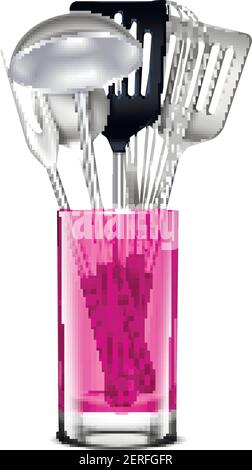 Kitchen stainless steel tools in pink transparent jar realistic image with ladle whisk slotted spatula vector illustration Stock Vector