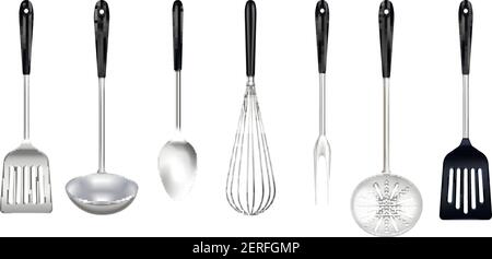 Kitchen stainless steel tools realistic set with cooking fork slotted turner skimmer ladle whisk isolated vector illustration Stock Vector