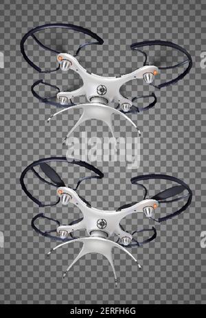 Two drone with camera realistic transparent icon set for different needs protection military logistic vector illustration Stock Vector