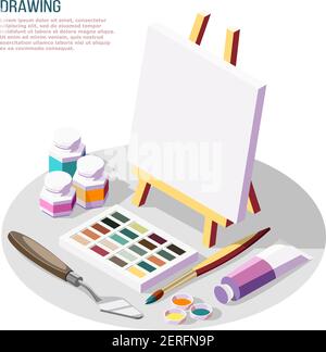 Hobby crafts isometric composition with various accessories for drawing and painting on white background 3d vector illustration Stock Vector
