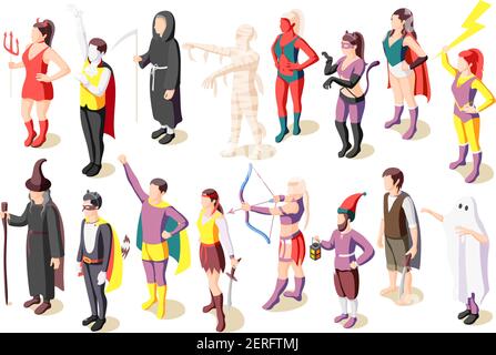 Masquerade isometric icons set with people wearing costumes of mummy sage demon ghost superhero pirate gnome isolated vector illustration Stock Vector