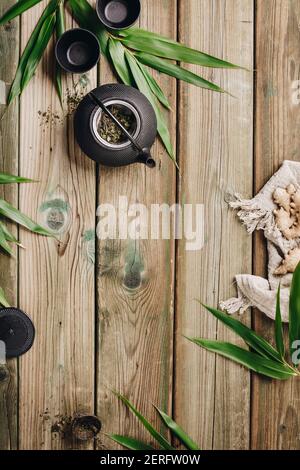 Ginger tea ingredients concept, healthy comforting and heating tea under simple recipe, flat lay, space for a text Stock Photo