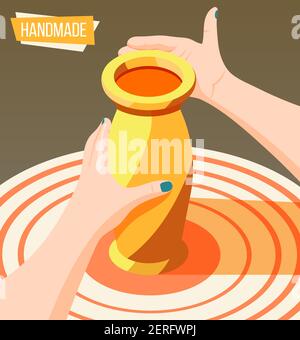 Hobby crafts isometric background with female hands making clay jug 3d vector illustration Stock Vector