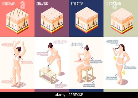 Isometric composition with woman doing different hair removal procedures 3d isolated vector illustration Stock Vector