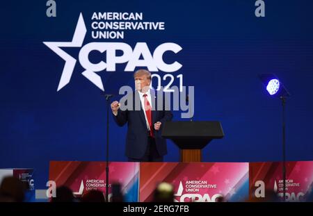 Orlando, United States. 28th Feb, 2021. Former President Donald Trump addresses attendees during the 2021 Conservative Political Action Conference at the Hyatt Regency. Credit: SOPA Images Limited/Alamy Live News Stock Photo