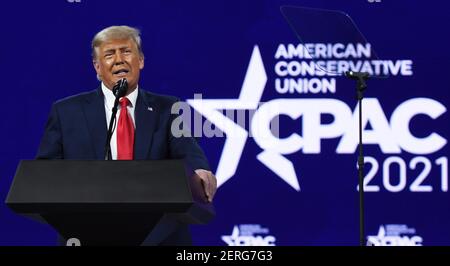 Orlando, United States. 28th Feb, 2021. Former President Donald Trump addresses attendees during the 2021 Conservative Political Action Conference at the Hyatt Regency. Credit: SOPA Images Limited/Alamy Live News Stock Photo