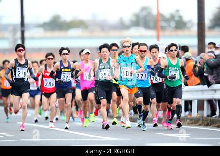 Shiga, Japan. 28th Feb, 2021. General view Marathon : 2021 Lake Biwa Mainichi Marathon, Start & Goal Ojiyama Athletics stadium in Shiga, Japan . Credit: Naoki Nishimura/AFLO SPORT/Alamy Live News Stock Photo