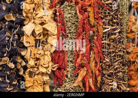 Variety of dried vegetables on farmers market in Turkey Stock Photo
