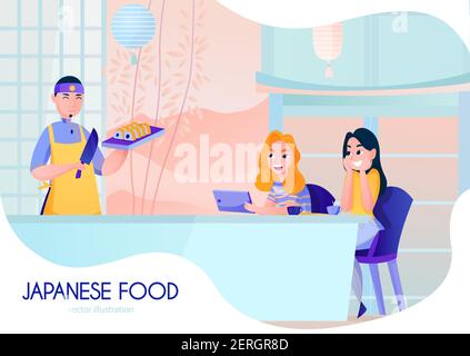 Smiling cook serving sushi in japanese restaurant cartoon vector illustration Stock Vector