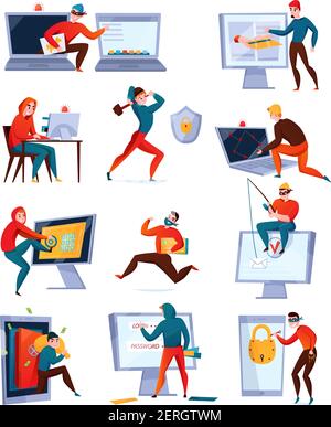 Hacker icon set with different types of hackers stealing information breaking computer system vector illustration Stock Vector
