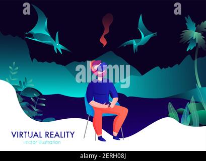 Virtual reality composition with man in goggles watching flying dinosaurs cartoon vector illustration Stock Vector