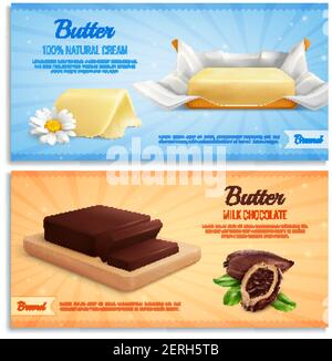 Butter realistic banners as mockup for advertising brand produce milk chocolate and natural cream butter vector illustration Stock Vector
