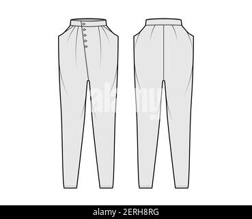 Tapered Baggy pants technical fashion illustration with normal waist, high rise, slash pockets, draping front, full lengths. Flat apparel template back grey color style. Women, men, unisex CAD mockup Stock Vector