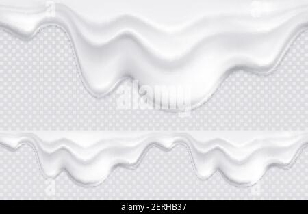Two borders with pattern composed of white yogurt or ice cream drips on transparent background seamless vector illustration Stock Vector