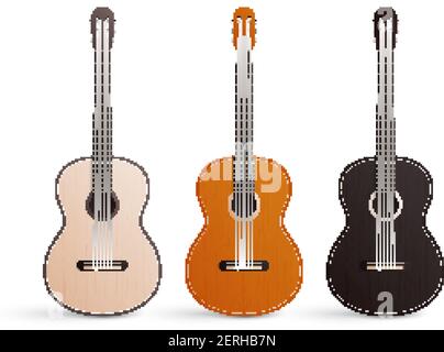 Realistic set of three classic wooden acoustic guitars with nylon strings isolated on white background vector illustration Stock Vector