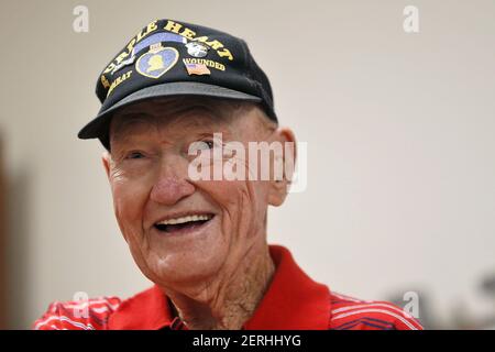 Robert White smiles after he was presented with a Bronze Star Tuesday afternoon at the Hampton VA Medical Center Aug. 21, 2018 in Hampton, Va. Private, First Class White of the 507th Parachute Infantry Regiment, 17th Airborne Division, received a Bronze Star for his actions during World War II. White participated in D-Day, the Battle of the Bulge and Operation Varsity. (Photo by Jonathon Gruenke/Newport News Daily Press/TNS/Sipa USA)
