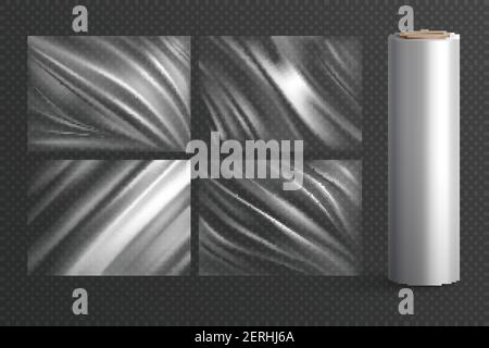 Four isolated blank wrapping texture polyethylene packages and plastic roll on  transparent background realistic vector illustration Stock Vector