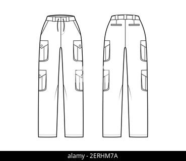 Set of cargo pants technical fashion illustration with normal waist, high rise, pockets, belt loops, full lengths. Flat bottom apparel template front back, white color. Women, men, unisex CAD mockup Stock Vector