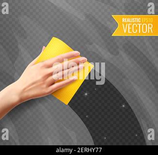 Woman hand wiping dirty glass with yellow napkin transparent background in realistic style vector illustration Stock Vector