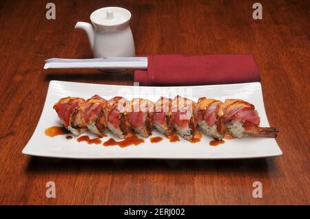 Traditional and authentic Japanese cusine know as a Sushi Roll Stock Photo