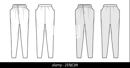 Tapered Baggy pants technical fashion illustration with low waist, rise, slash pockets, draping front, full lengths. Flat bottom apparel template back, white, grey color. Women, men, unisex CAD mockup Stock Vector