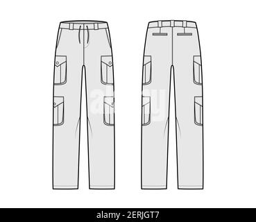 Set of cargo pants technical fashion illustration with low waist, rise, pockets, belt loops, full lengths. Flat bottom apparel template front back, grey color style. Women, men, unisex CAD mockup Stock Vector