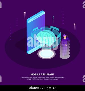 Mobile assistant isometric poster with glow brain as symbol artificial intelligence and man getting necessary information with mobile app in his smart Stock Vector