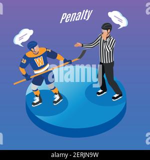 Ice hockey round isometric degrade background composition with referee sending offending player in penalty box vector illustration Stock Vector