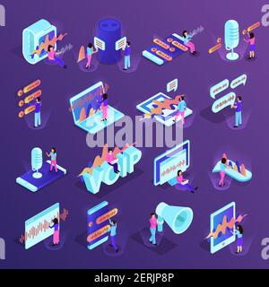Voice assistant isometric set of different devices helping to solve ...