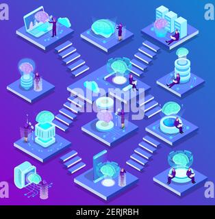 Artificial intelligence isometric composition with set of glow icons described future of science and innovations in digital technologies vector illust Stock Vector