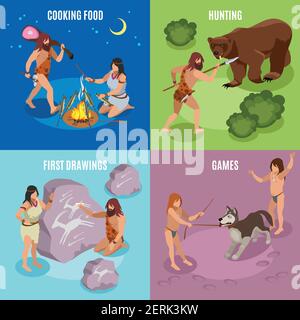 Stone age isometric concept icons set with games and drawings symbols isolated vector illustration Stock Vector