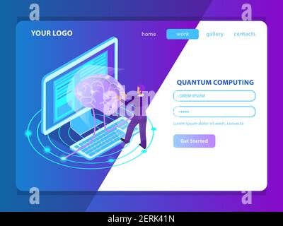 Landing page mockup for deep learning of information  in field of artificial intelligence and quantum computing isometric vector illustration Stock Vector