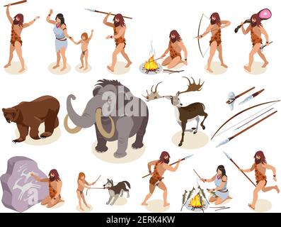 Stone age isometric icons set with hunting and cooking food  symbols isolated vector illustration Stock Vector