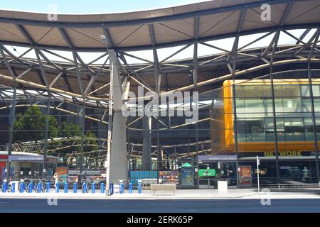 Facade of Southern Cross Railway Station famous for its truss design in Melbourne. Stock Photo