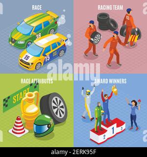 Racing sports concept icons set with racing team and award winners symbols isometric isolated vector illustration Stock Vector