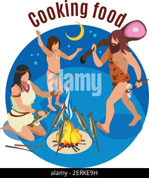 Stone age cooking isometric concept with food symbols vector illustration Stock Vector