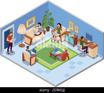 Typical freelance day isometric composition with people sharing working space in apartment cozy living room  vector illustration Stock Vector