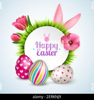 Happy easter composition with traditional symbols colorful eggs rabbit ears and spring flowers realistic vector illustration Stock Vector