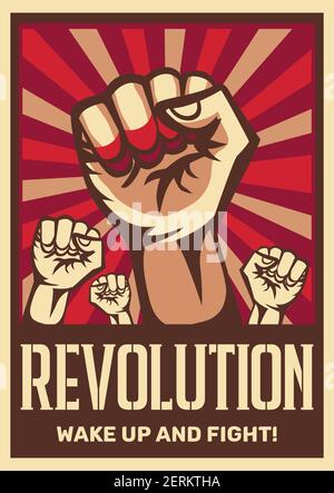 Raised fist vintage constructivist revolution communism promoting poster symbolizing unity solidarity with oppressed people fight vector illustration Stock Vector